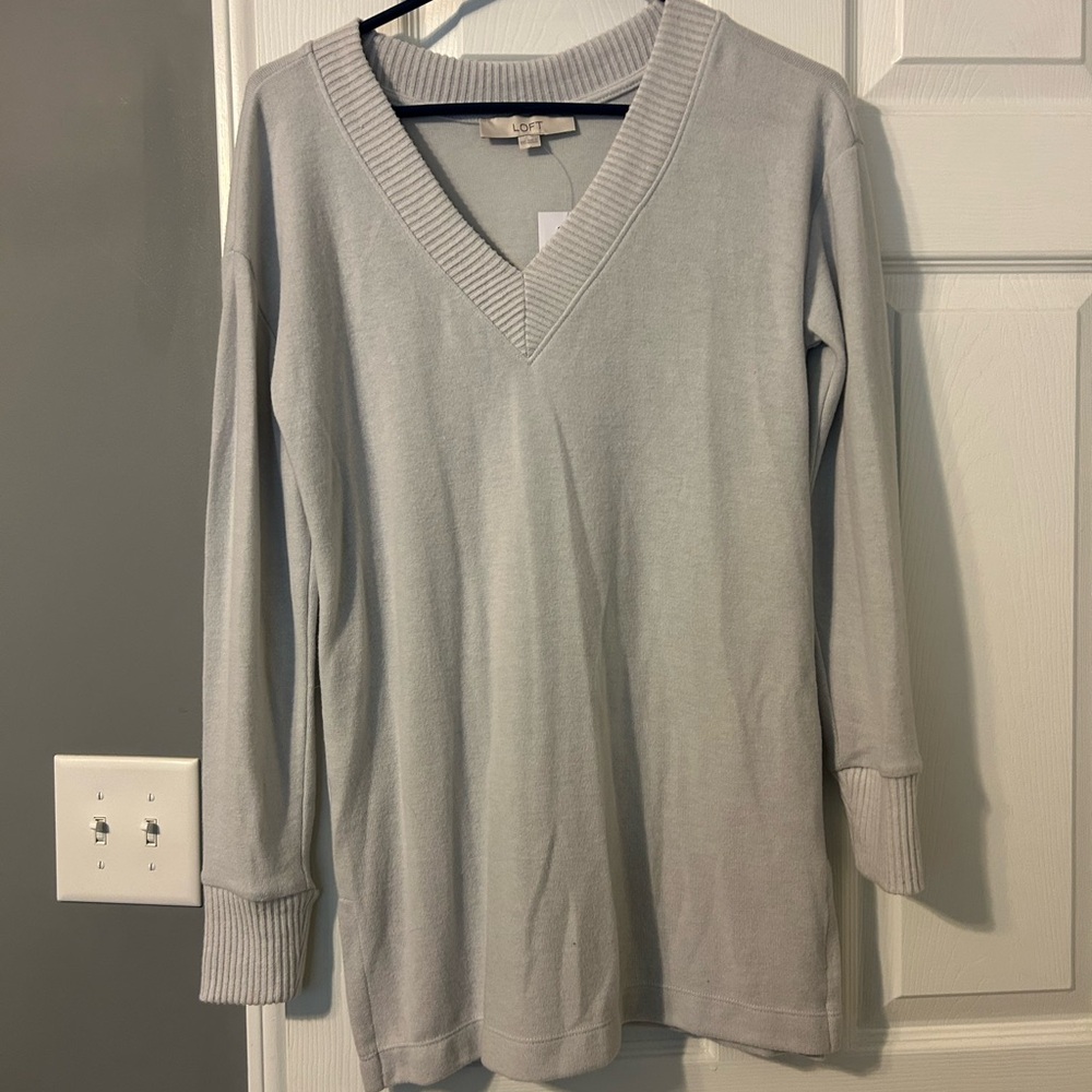 LOFT Light Gray V-Neck Sweatshirt XXS